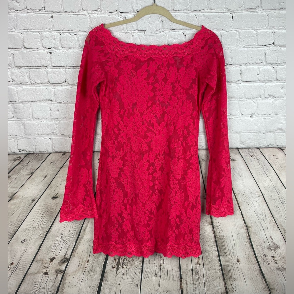 Vintage Y2K Victoria’s Secret Red Lace Mini Off Shoulder Bell Sleeve Dress Large